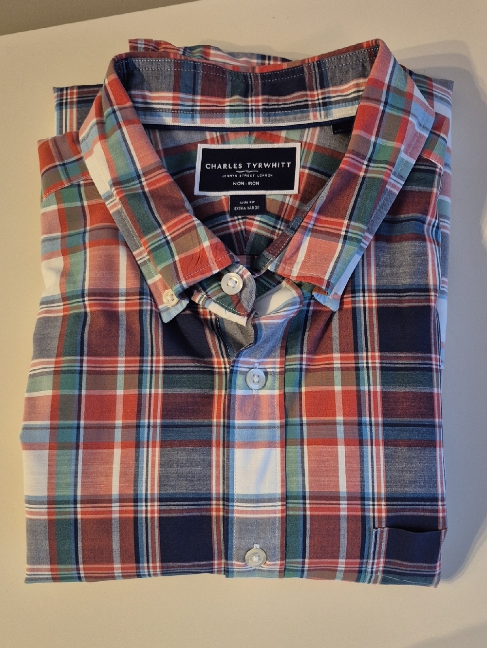 Charles Tyrwhitt Short-Sleeve Plaid - Orange, Navy & White - SLIM FIT XL